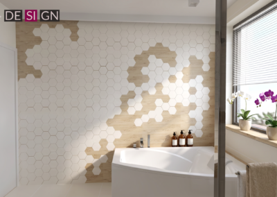 Projekt łazienki w domu pokazowym dla dewelopera w Żorach – JoLie Design